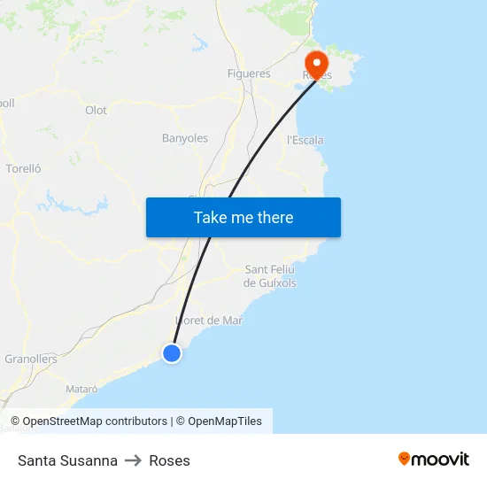 Santa Susanna to Roses map