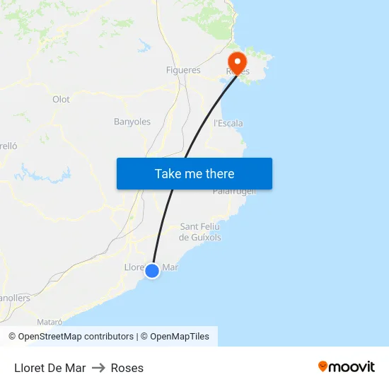 Lloret De Mar to Roses map