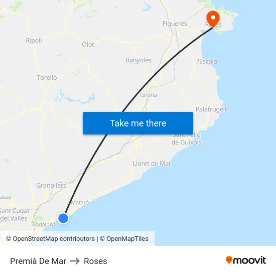 Premià De Mar to Roses map