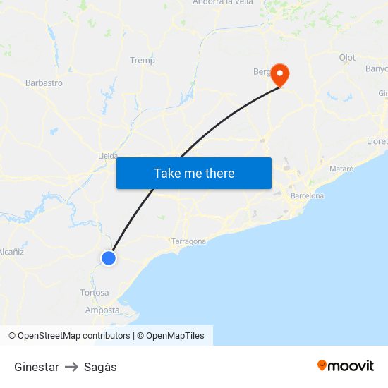 Ginestar to Sagàs map