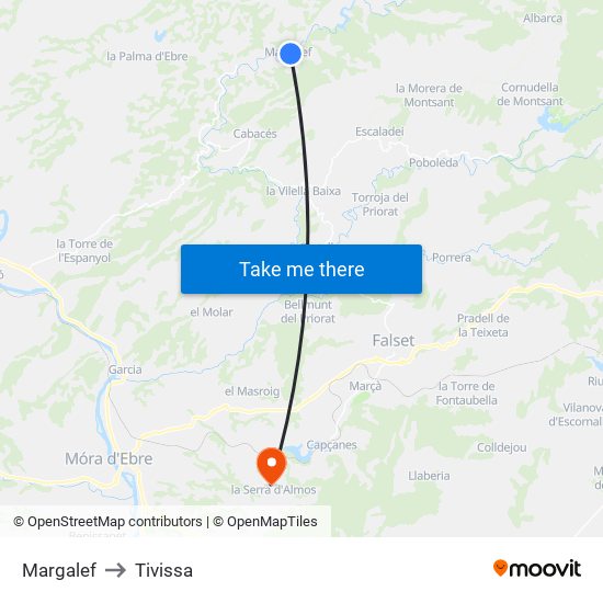 Margalef to Tivissa map