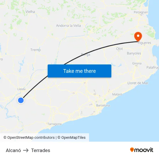 Alcanó to Terrades map