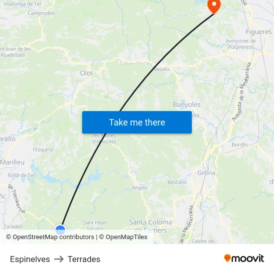 Espinelves to Terrades map