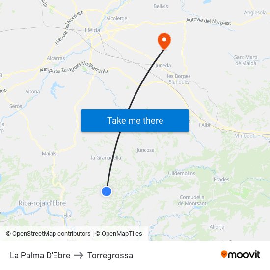 La Palma D'Ebre to Torregrossa map