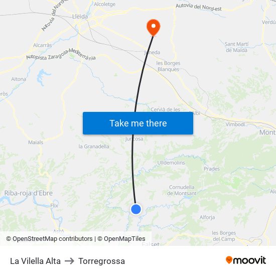 La Vilella Alta to Torregrossa map