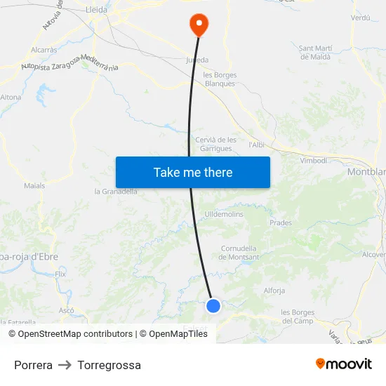 Porrera to Torregrossa map