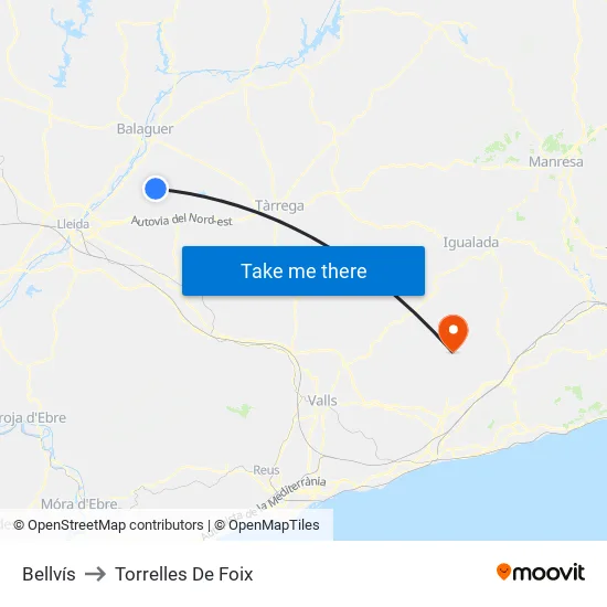 Bellvís to Torrelles De Foix map