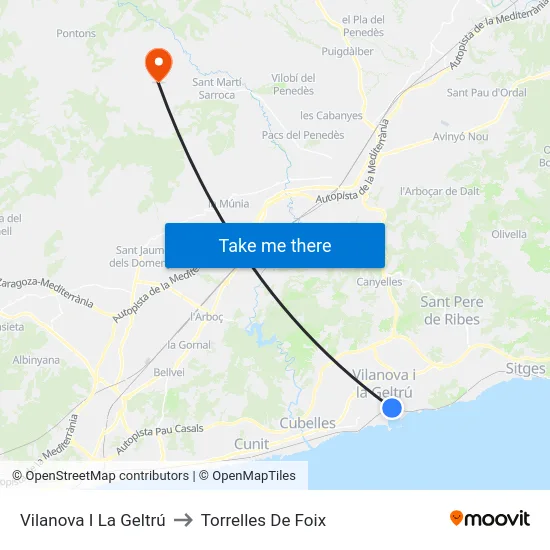 Vilanova I La Geltrú to Torrelles De Foix map