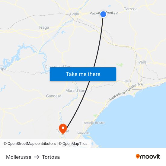 Mollerussa to Tortosa map