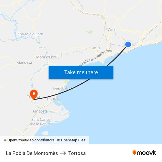 La Pobla De Montornès to Tortosa map