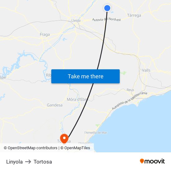 Linyola to Tortosa map