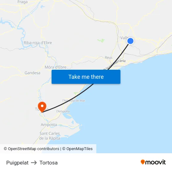 Puigpelat to Tortosa map