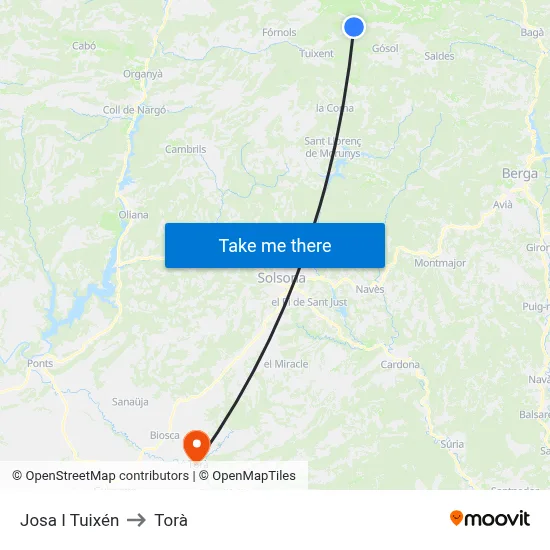 Josa I Tuixén to Torà map