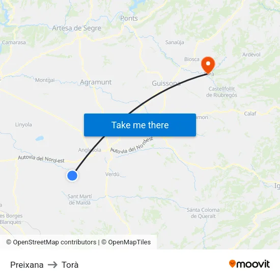 Preixana to Torà map