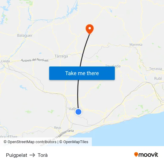 Puigpelat to Torà map