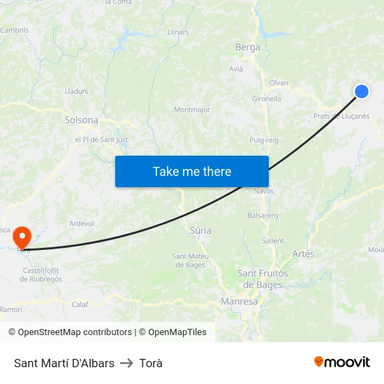 Sant Martí D'Albars to Torà map