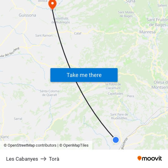 Les Cabanyes to Torà map