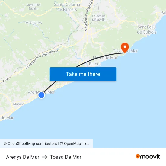 Arenys De Mar to Tossa De Mar map