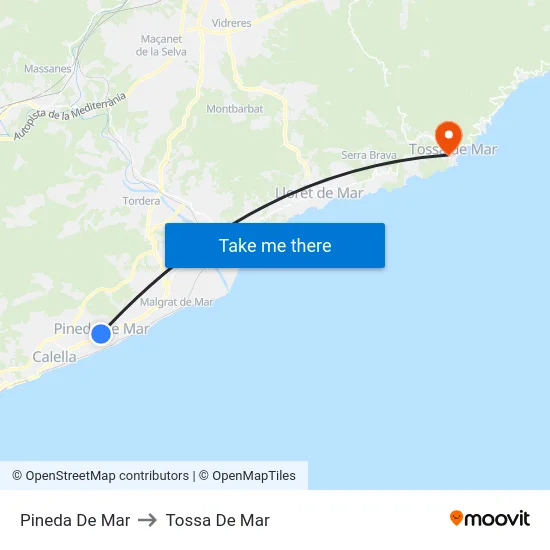 Pineda De Mar to Tossa De Mar map
