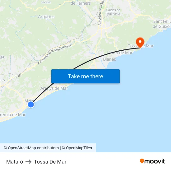Mataró to Tossa De Mar map