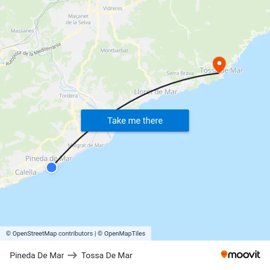 Pineda De Mar to Tossa De Mar map