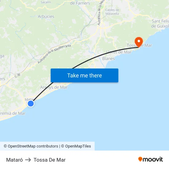 Mataró to Tossa De Mar map