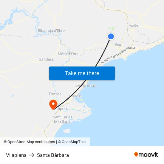Vilaplana to Santa Bàrbara map