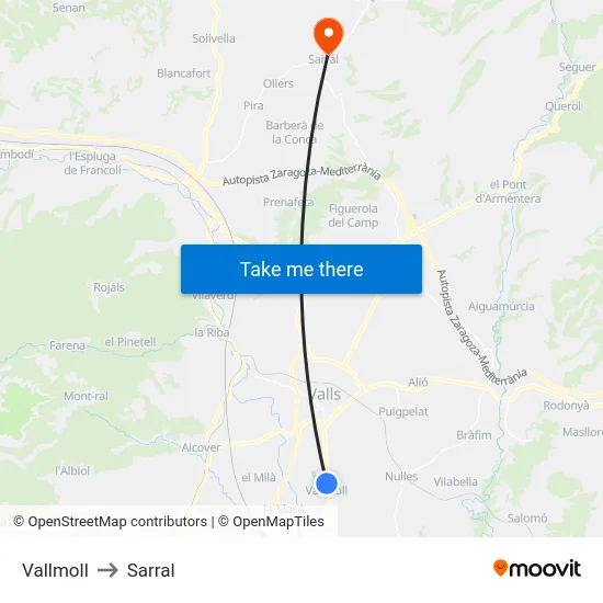 Vallmoll to Sarral map