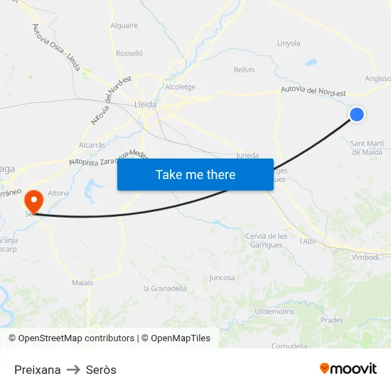 Preixana to Seròs map