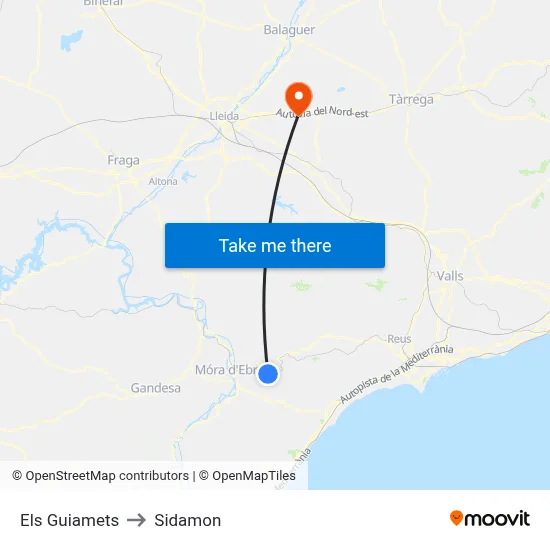 Els Guiamets to Sidamon map