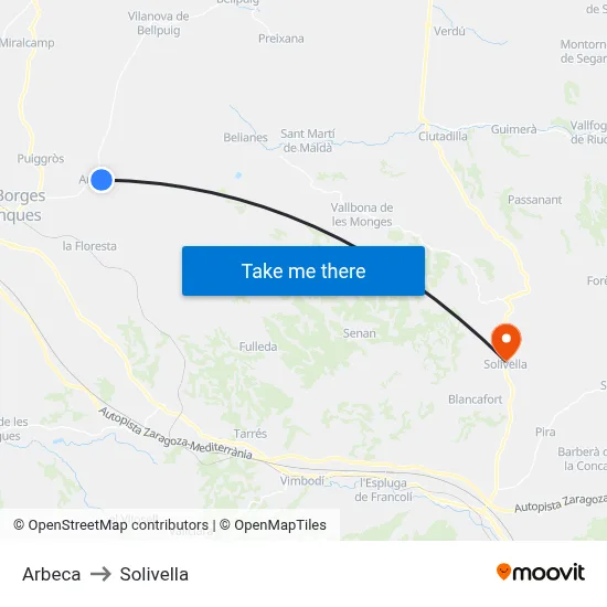 Arbeca to Solivella map