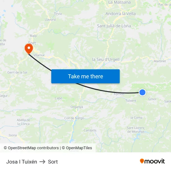 Josa I Tuixén to Sort map