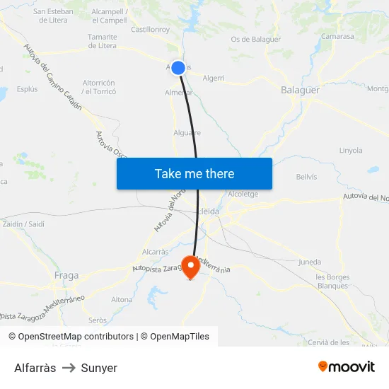 Alfarràs to Sunyer map