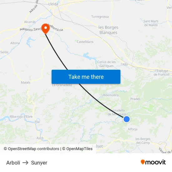 Arbolí to Sunyer map