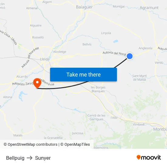 Bellpuig to Sunyer map