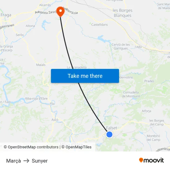 Marçà to Sunyer map
