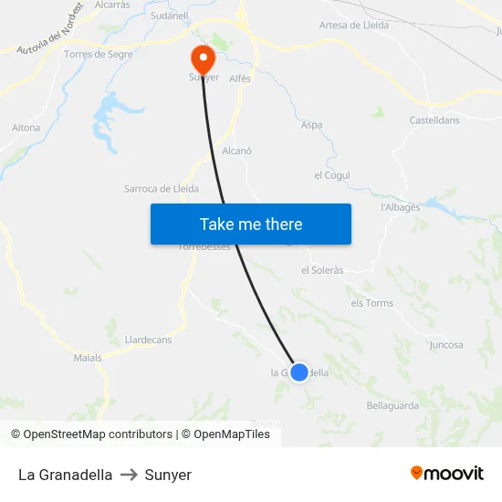 La Granadella to Sunyer map