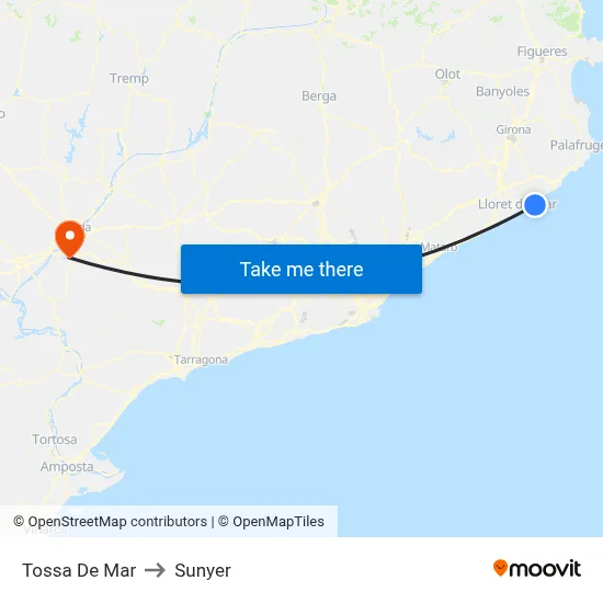 Tossa De Mar to Sunyer map
