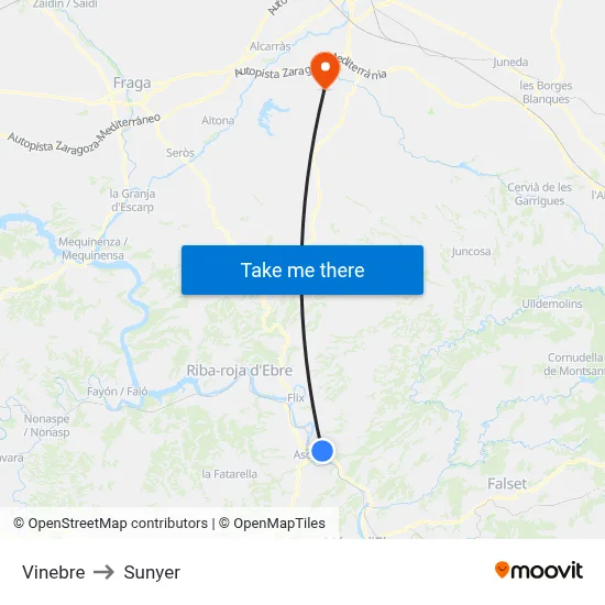 Vinebre to Sunyer map