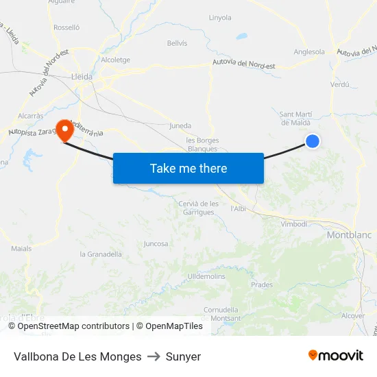 Vallbona De Les Monges to Sunyer map