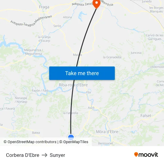 Corbera D'Ebre to Sunyer map