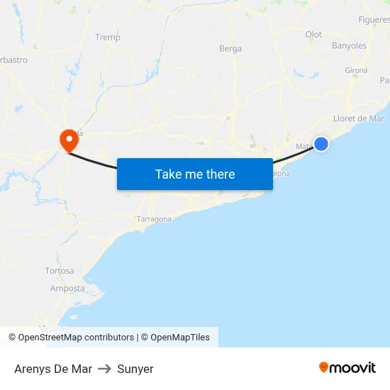 Arenys De Mar to Sunyer map