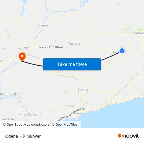 Òdena to Sunyer map