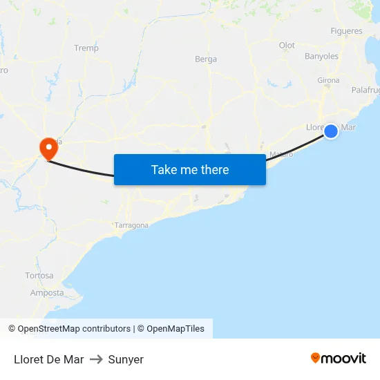 Lloret De Mar to Sunyer map
