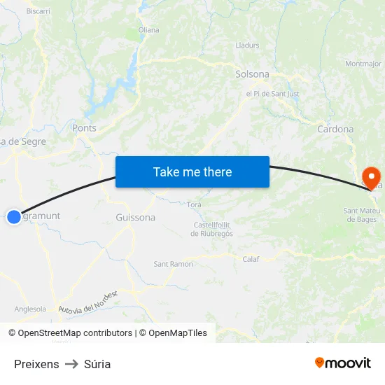 Preixens to Súria map