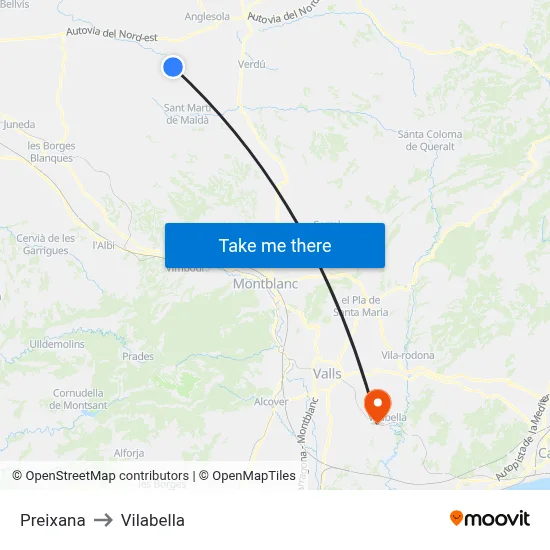 Preixana to Vilabella map