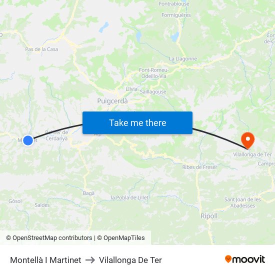 Montellà I Martinet to Vilallonga De Ter map
