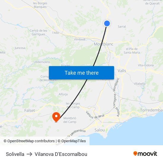 Solivella to Vilanova D'Escornalbou map