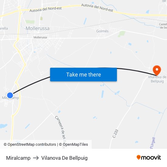 Miralcamp to Vilanova De Bellpuig map