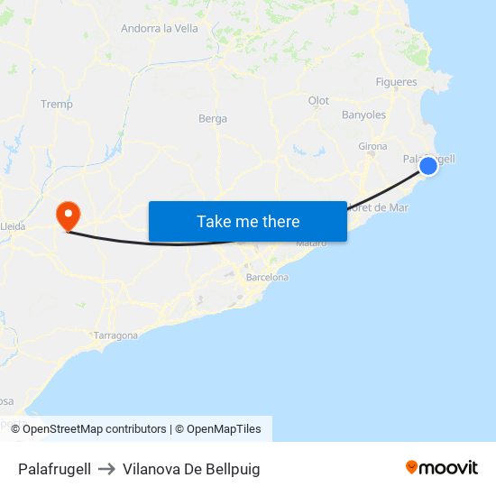Palafrugell to Vilanova De Bellpuig map